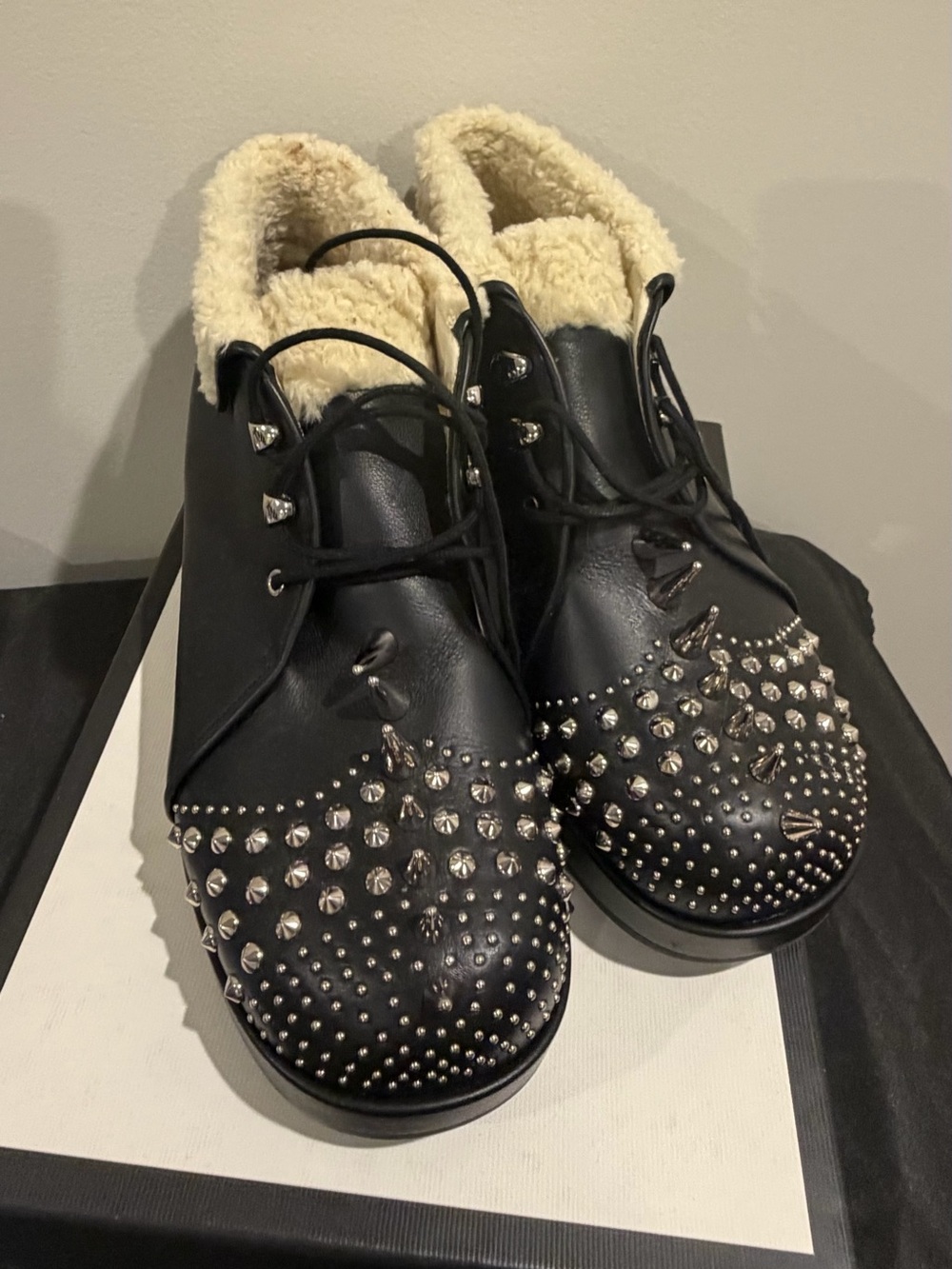 Gucci Black Studded Lace-Up Faux-Shearling Ankle Boots